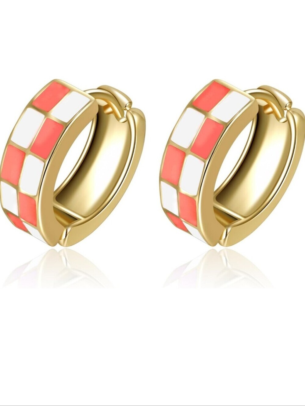 Gold Tone Coral & White Enamel Huggie Earrings